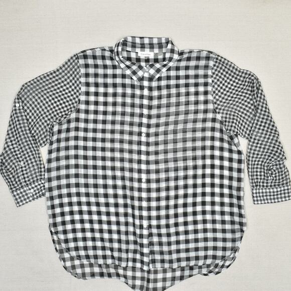 Calvin Klein Women Button Up Top Long Sleeve Plaid Plus Size 1X Black Polyester - Picture 1 of 8